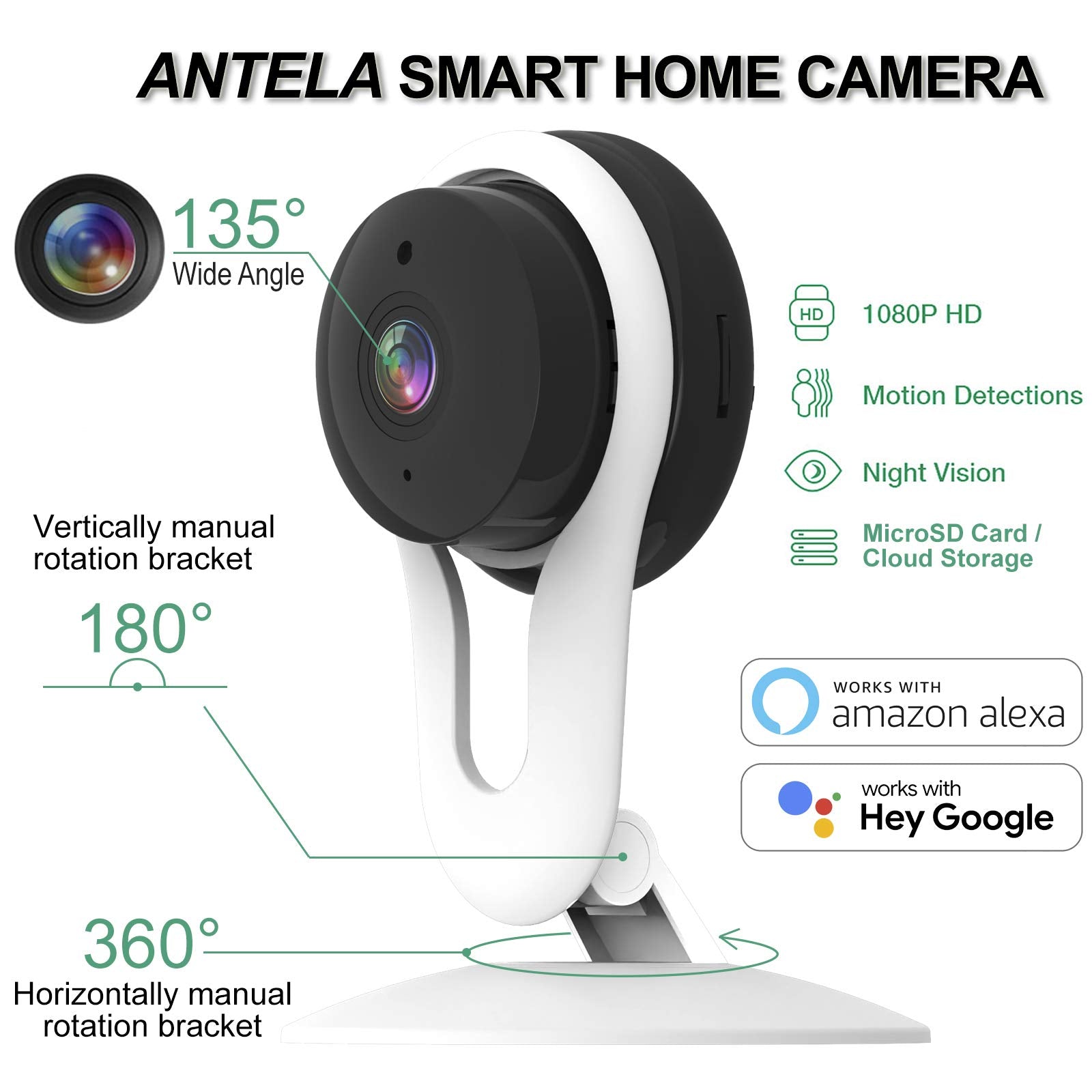 ANTELA 1080P WiFi Indoor IP Surveillance Camera with Night Vision  Compatible with Alexa & Google Assistant Motion Detection, SD Card Slot,  2-Way Audio, Grey : : Electronics