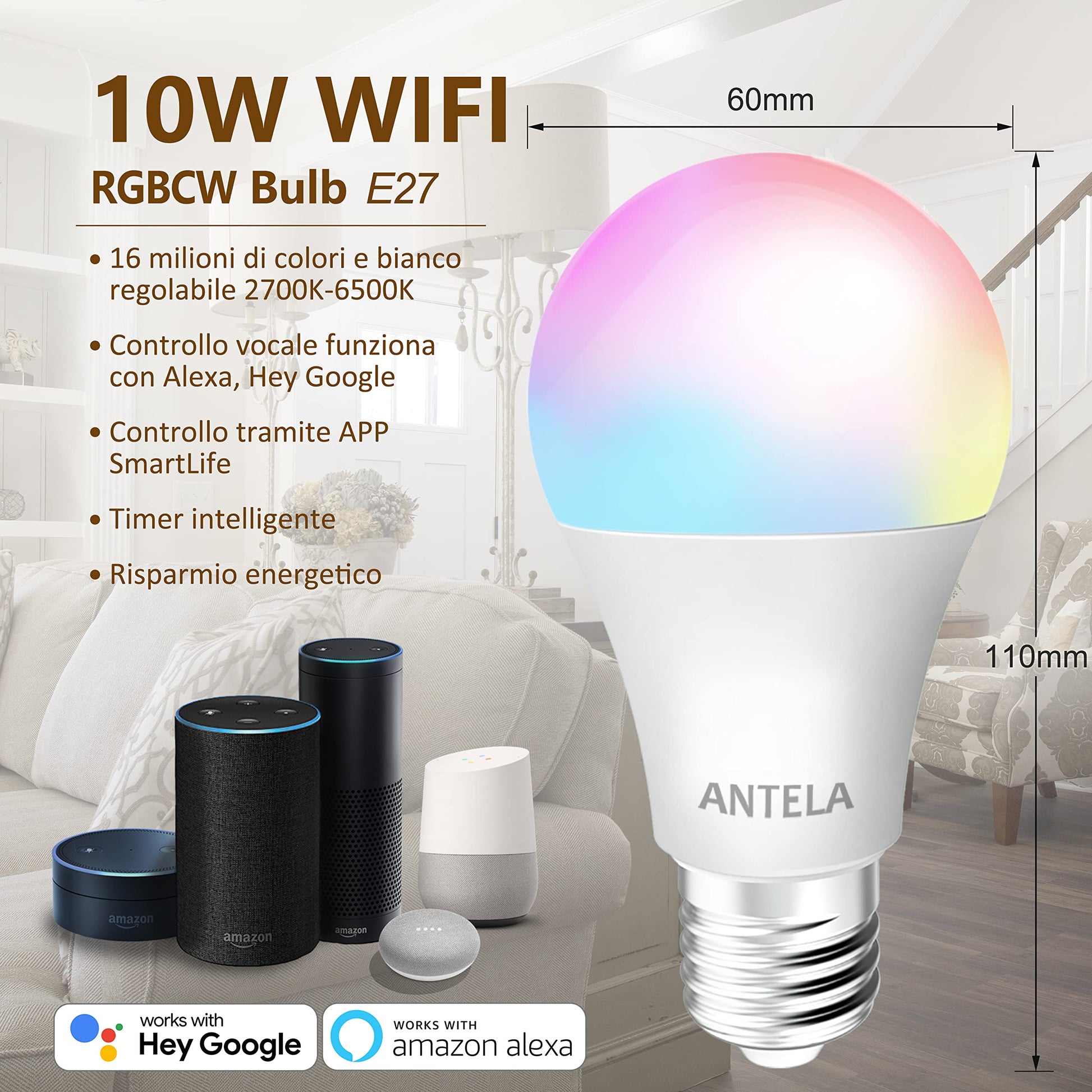 LED Bulbe A65 9W Connecté, Compatible  Alexa et Google Home